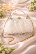 White Feather Bridal Evening Clutch with Gold Chain Strap | Formal Handbag