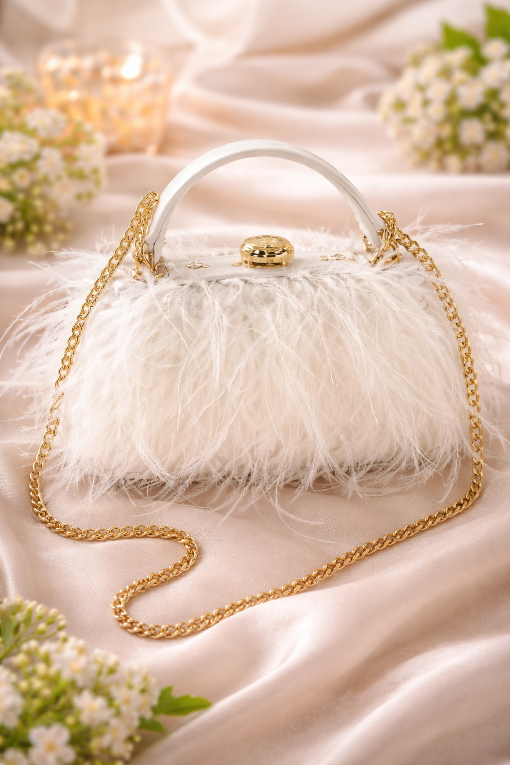 White Feather Bridal Evening Clutch with Gold Chain Strap | Formal Handbag