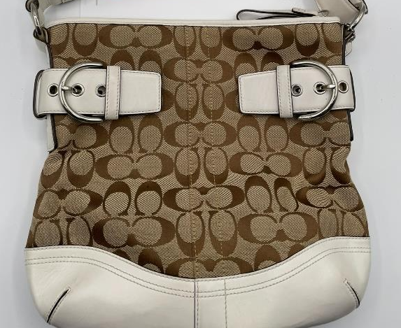 Coach Soho Signature Khaki Canvas White Leather Buckle Flap Crossbody Shoulder Bag