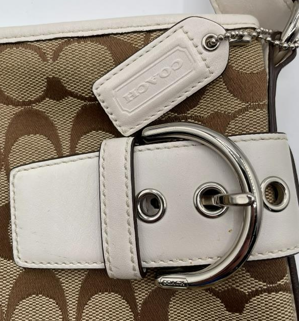Coach Soho Signature Khaki Canvas White Leather Buckle Flap Crossbody Shoulder Bag