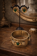 Whiting and Davis Gold Tone Bracelet and Clip On Earring Set Green Cabochon Signed Vintage Set