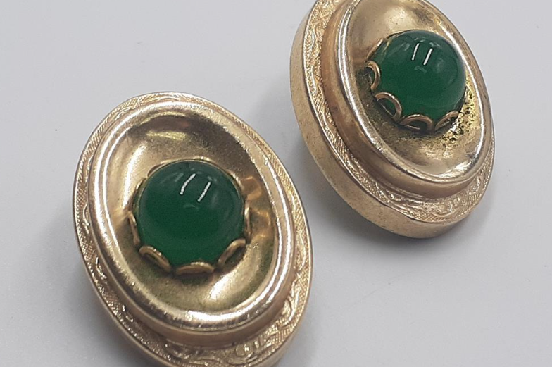 Whiting and Davis Gold Tone Bracelet and Clip On Earring Set Green Cabochon Signed Vintage Set