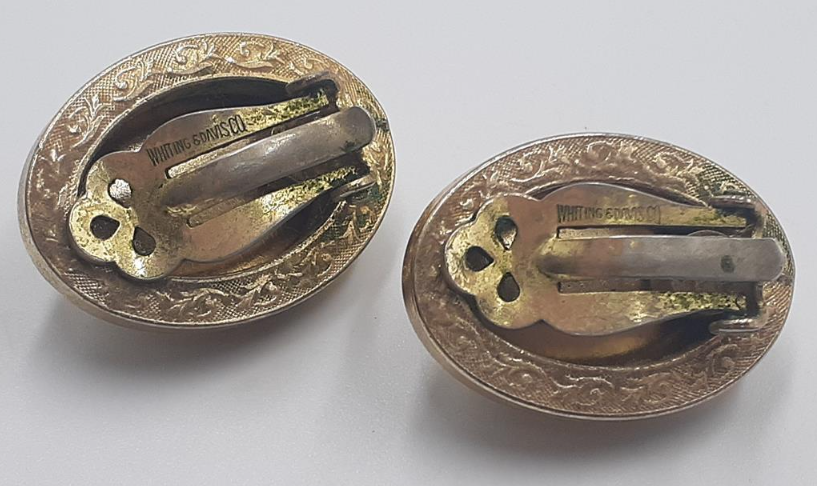 Whiting and Davis Gold Tone Bracelet and Clip On Earring Set Green Cabochon Signed Vintage Set
