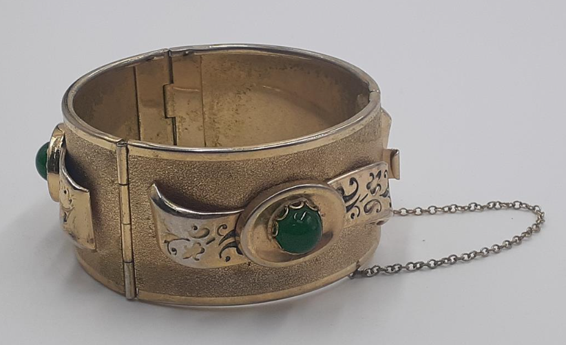 Whiting and Davis Gold Tone Bracelet and Clip On Earring Set Green Cabochon Signed Vintage Set
