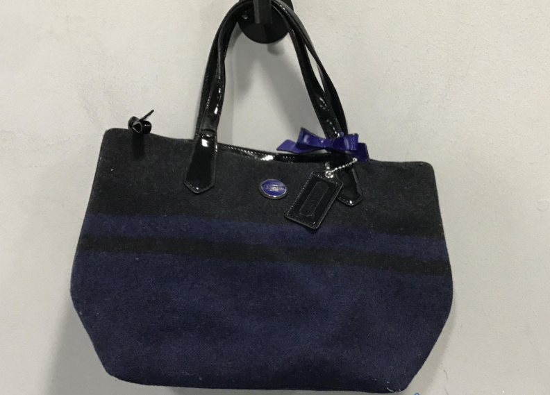 Coach Blue & Black Wool Blend Tote Bag | Patent Leather Handle Shoulder Bag with Signature Charm