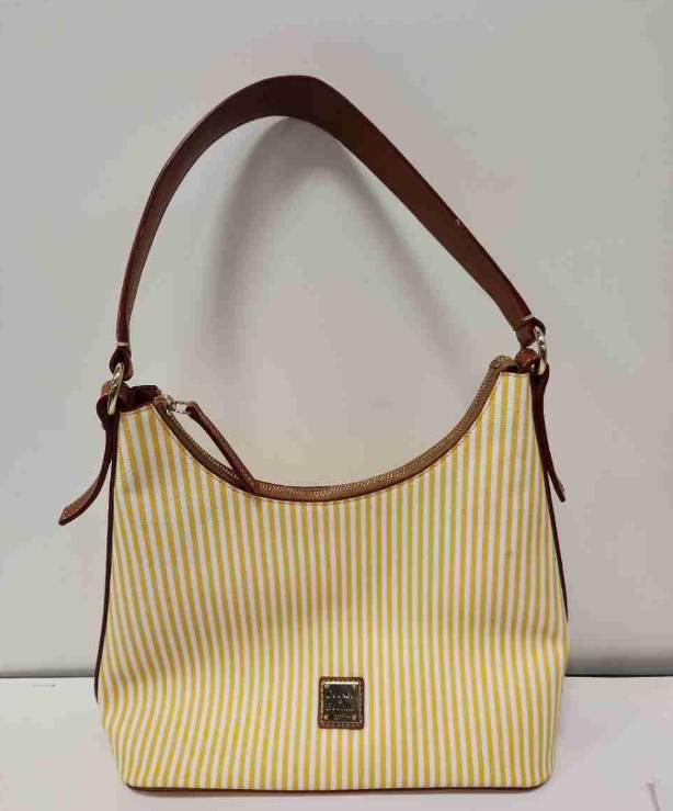 Dooney & Bourke Yellow & White Striped Canvas Shoulder Bag | Leather Trim Summer Tote Purse