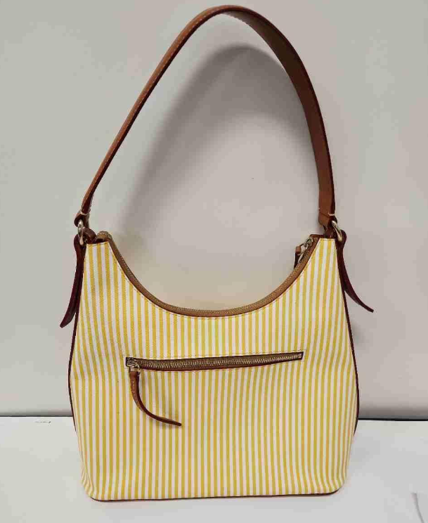 Dooney & Bourke Yellow & White Striped Canvas Shoulder Bag | Leather Trim Summer Tote Purse