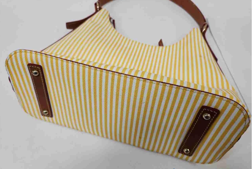 Dooney & Bourke Yellow & White Striped Canvas Shoulder Bag | Leather Trim Summer Tote Purse