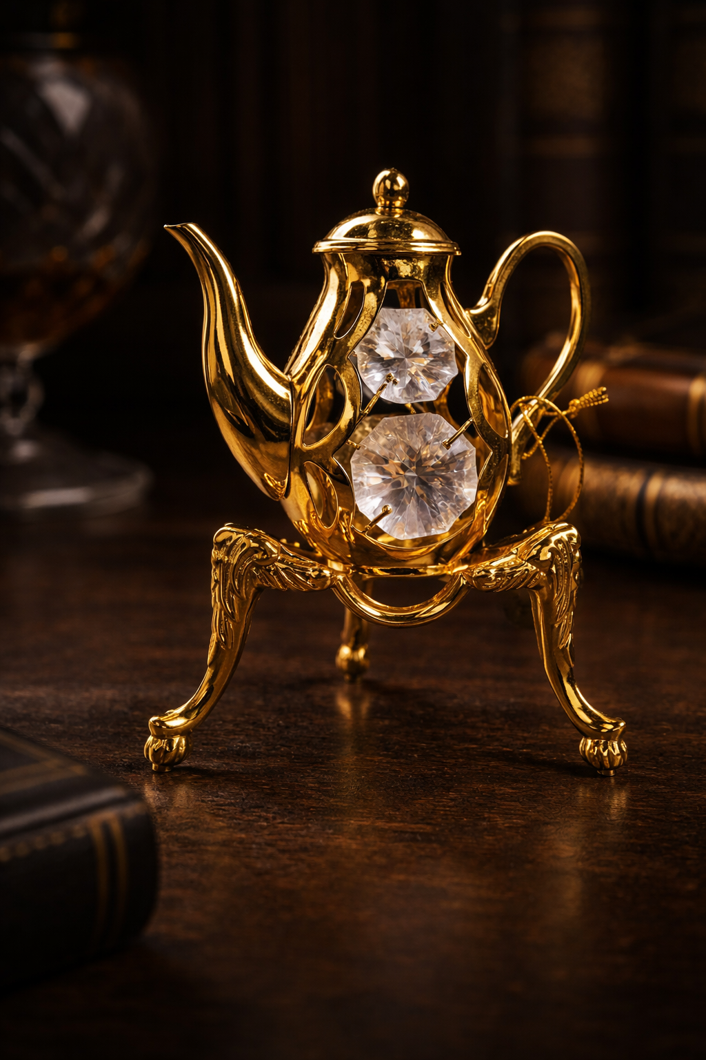 Vintage 24K Gold Plated Teapot Crystal Ornament on Stand Decorative Miniature Teapot Gift Collectible