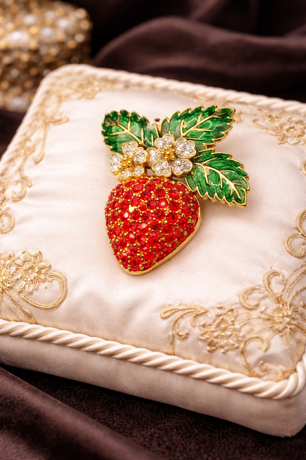 Vintage Gold Tone Strawberry Brooch Red Rhinestone Pave Enamel Leaves Floral Crystal Statement Pin