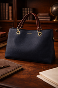London Fog Navy Blue Leather Tote Bag | Structured Shoulder Handbag Gold Hardware
