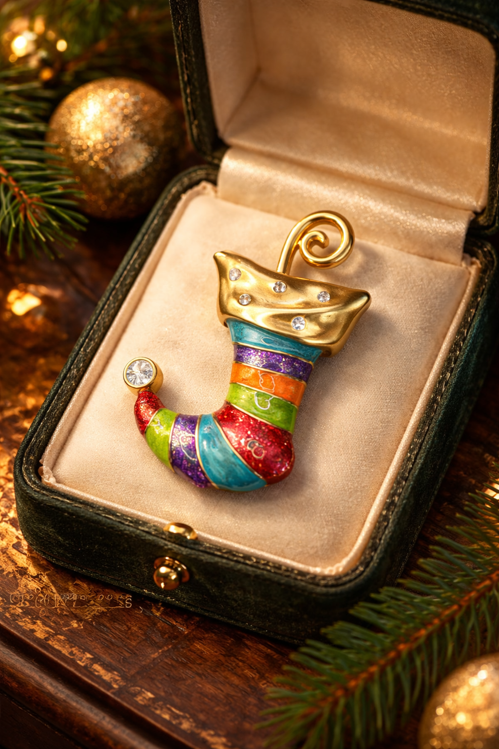 Vintage Anne Klein Christmas Stocking Brooch Gold Tone Multicolor Enamel Rhinestone Holiday Pin