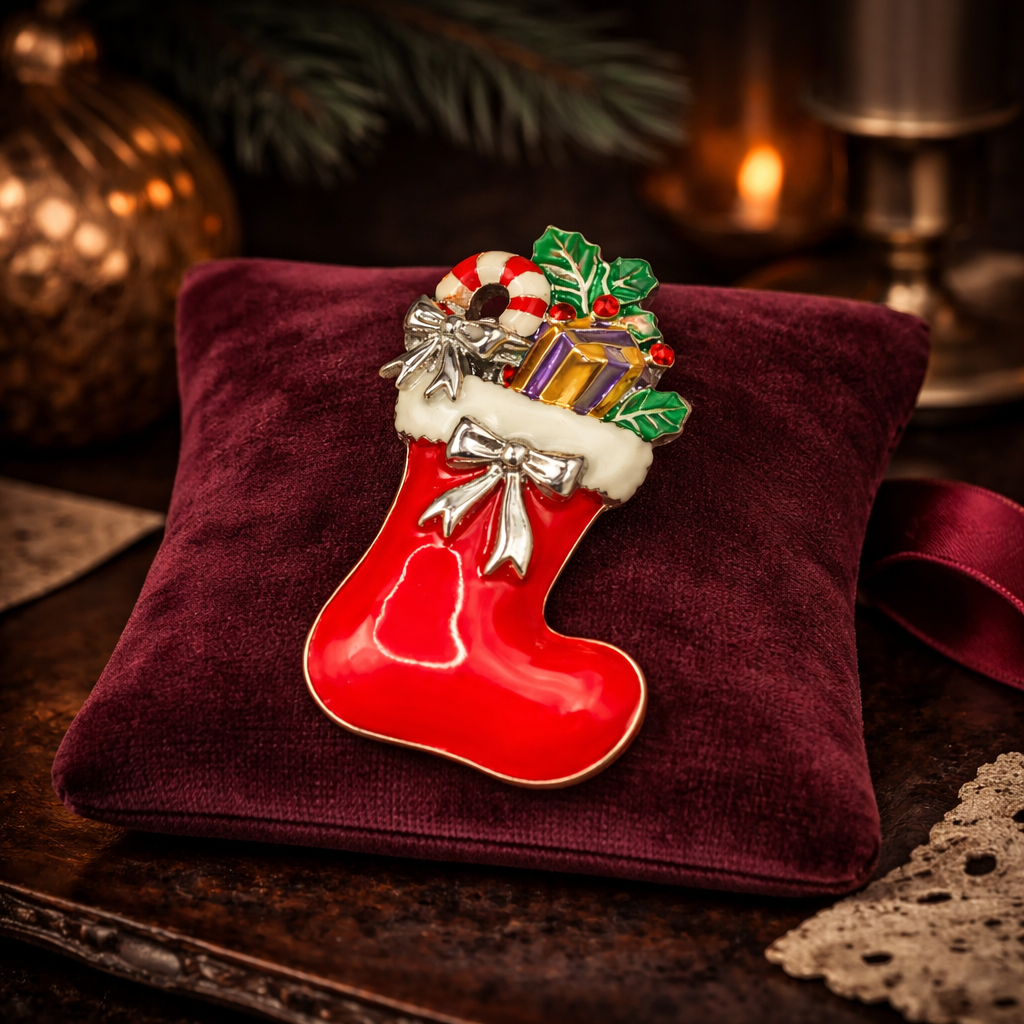 Christmas Stocking Brooch with Gifts and Holly Enamel