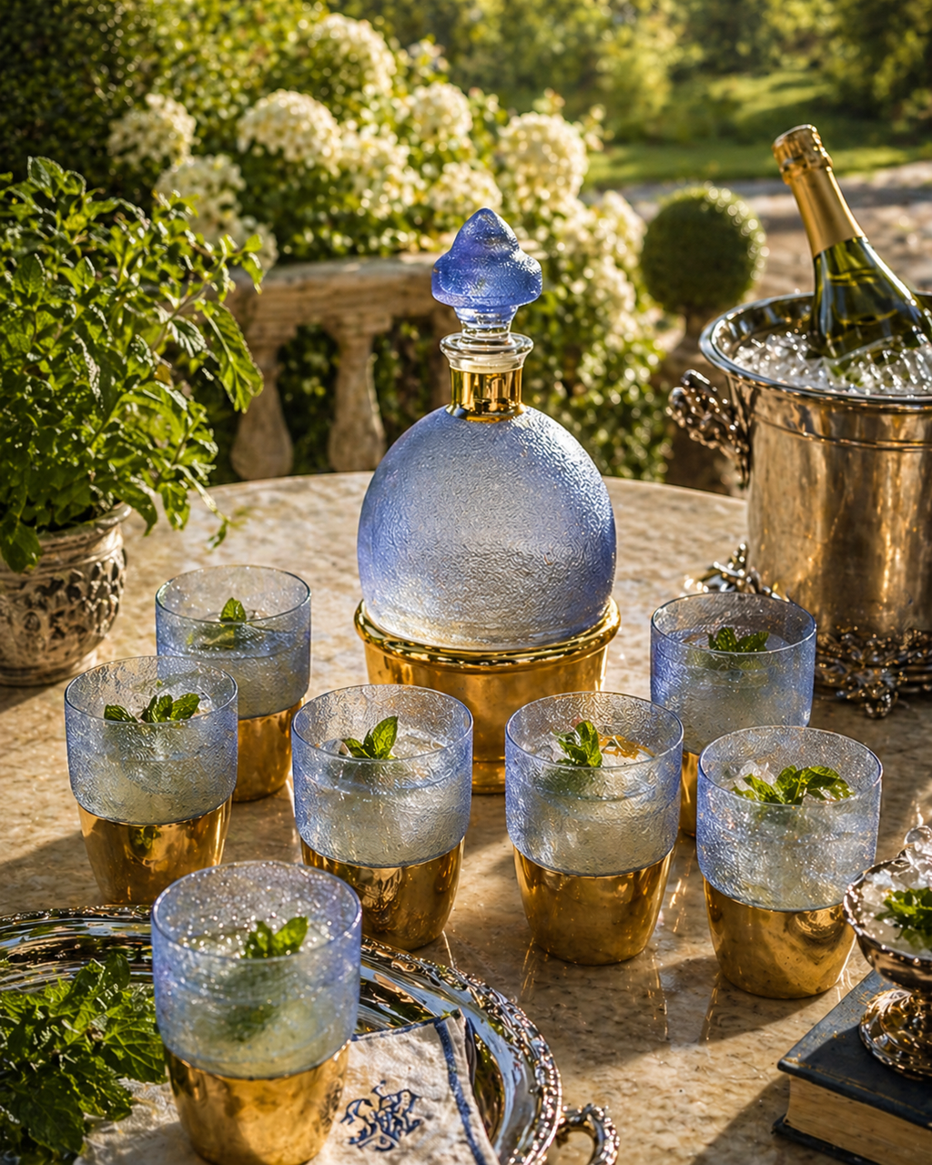 Textured Frosted Blue Glass Decanter and Glasses Set, 7-Piece