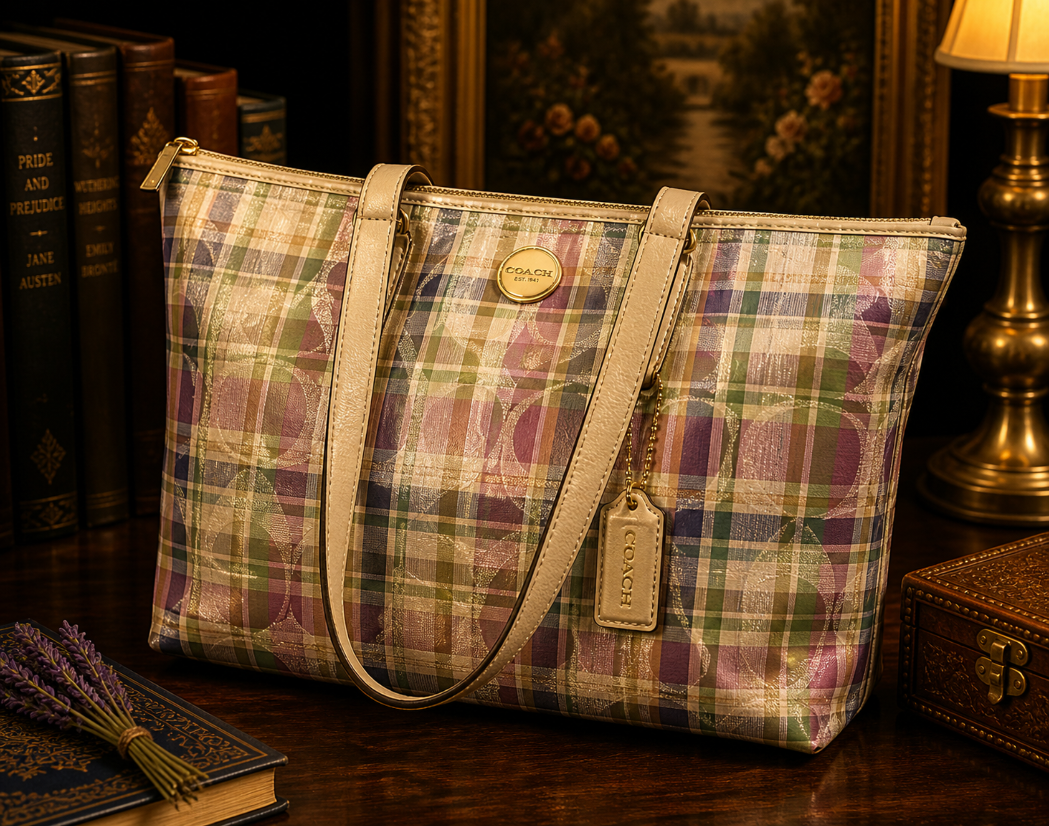 Coach Signature Pastel Check Canvas Packable Oversized Weekender Tote