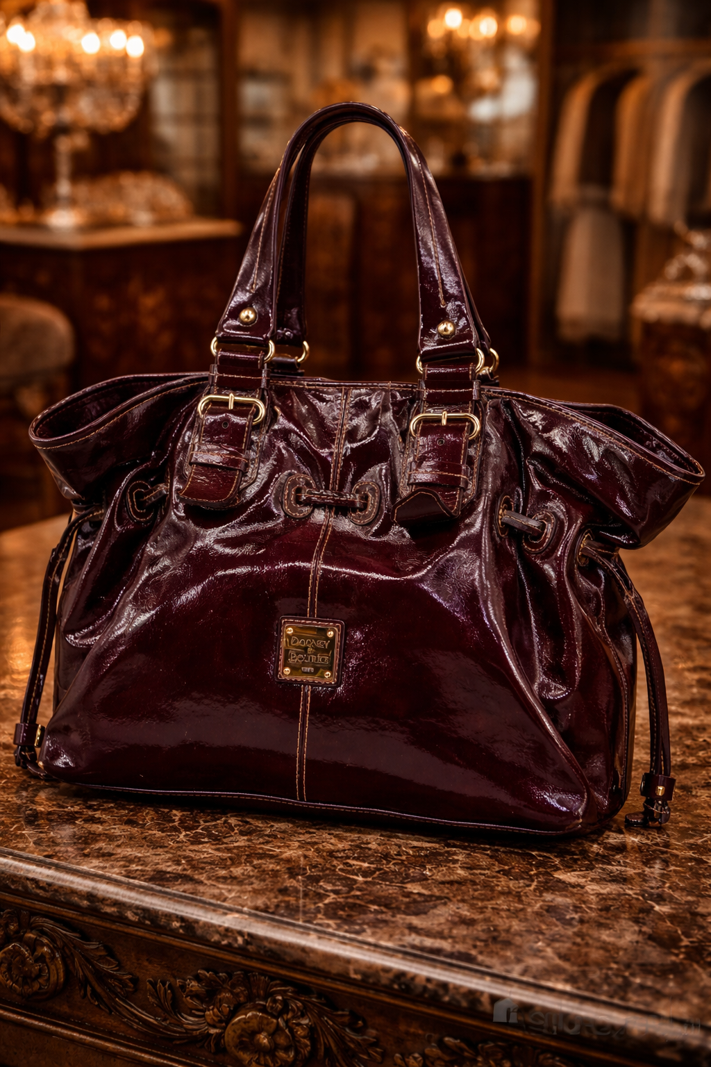 Dooney & Bourke Burgundy Patent Leather Drawstring Tote Bag Y2K Designer Handbag