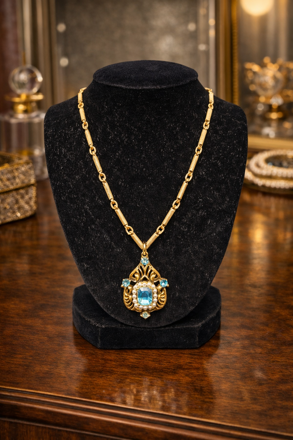 Gold tone filigree pendant necklace with blue crystal and faux pearl frame