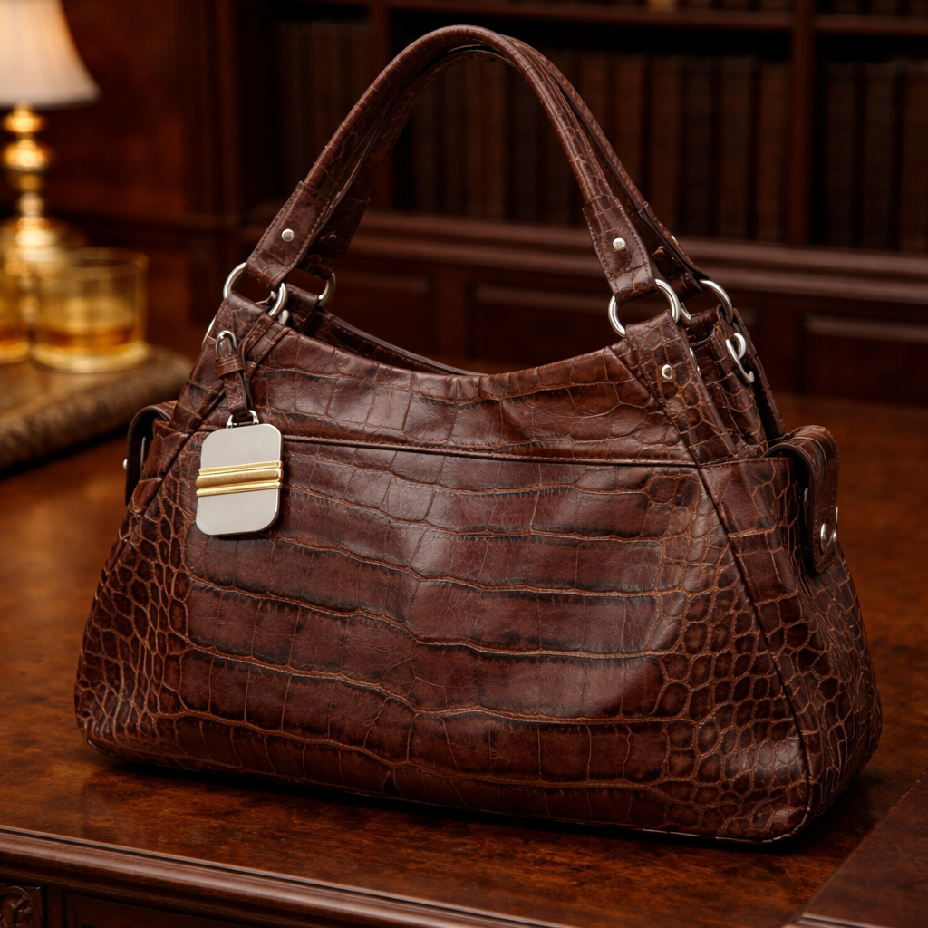 B. Makowsky Brown Croc Embossed Leather Shoulder Bag Slouchy Hobo Satin Lined