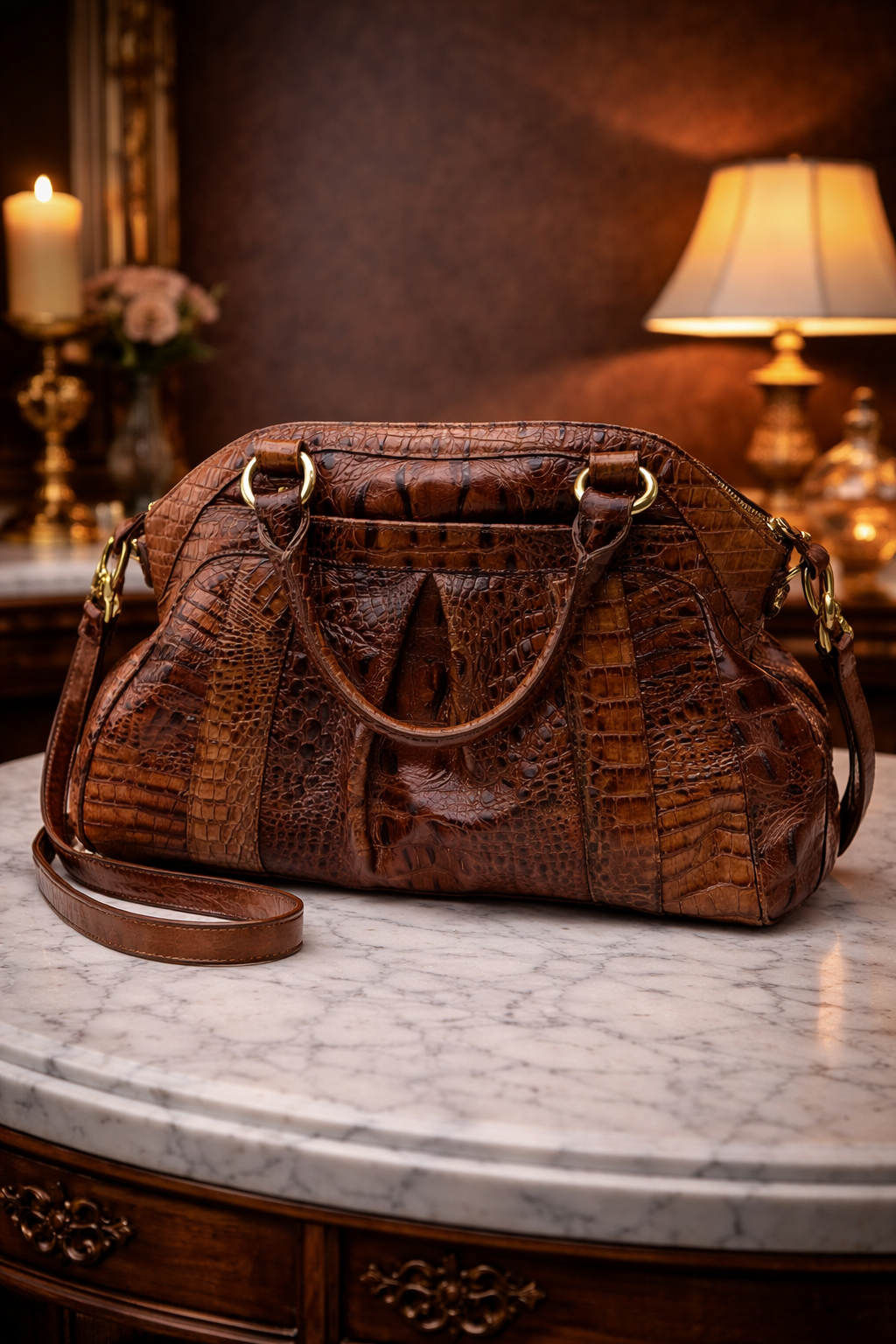 Authentic Brahmin Louise Satchel | Retired Brown Crocodile Embossed Leather Top Handle Crossbody Handbag with Dust Bag