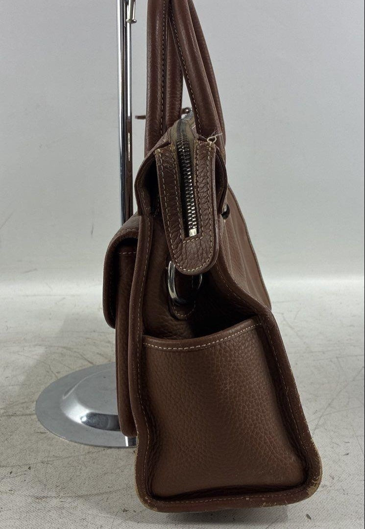 Dooney & Bourke Brown Leather Satchel Bag, Structured Pocket Tote with Shoulder Strap