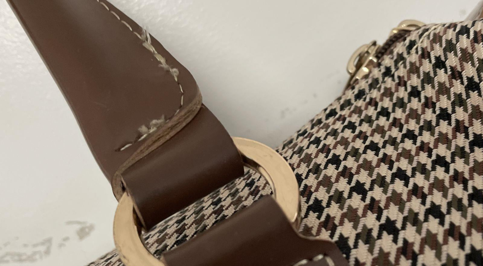 London Fog Houndstooth Barrel Satchel Bag | Brown Trim Shoulder Duffel Handbag