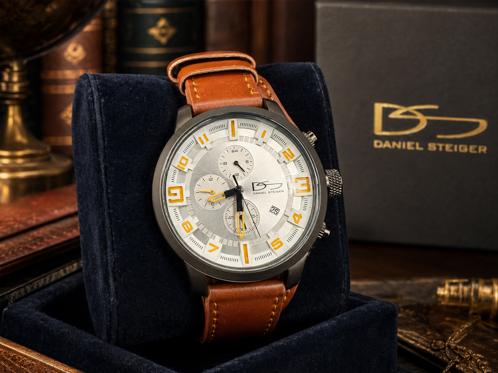(SOLD) Daniel Steiger Chronograph Style Watch Gold-Tone Brown Leather Strap Men’s Watch with Original ox