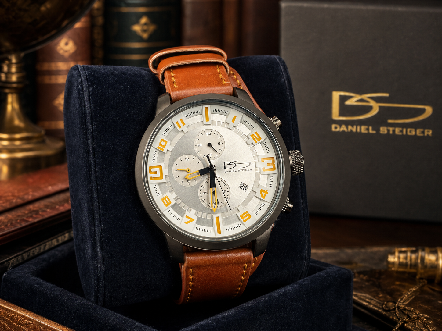 (SOLD) Daniel Steiger Chronograph Style Watch Gold-Tone Brown Leather Strap Men’s Watch with Original ox
