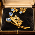Signed Van Dell Gold Filled Blue Rhinestone Floral Brooch & Screw Back Earrings Demi-Parure