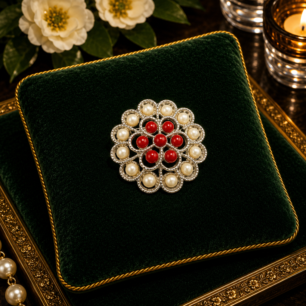 Silver Tone Red and Cream Bead Flower Brooch | Vintage Floral Cluster Pin