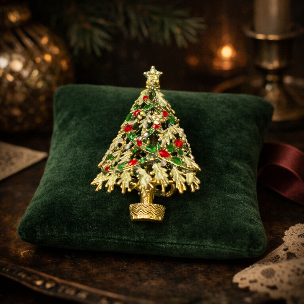 Gold Tone Christmas Tree Brooch with Red and Green Rhinestones