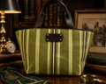 Kate Spade Green Striped Canvas Medium Tote Bag with Brown Leather Handles