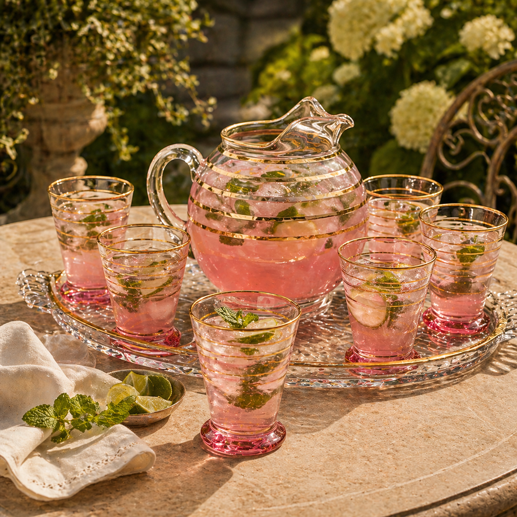 Macbeth Evans Pink Glass Pitcher Set Gold Stripe 6 Glasses Vintage Depression Era