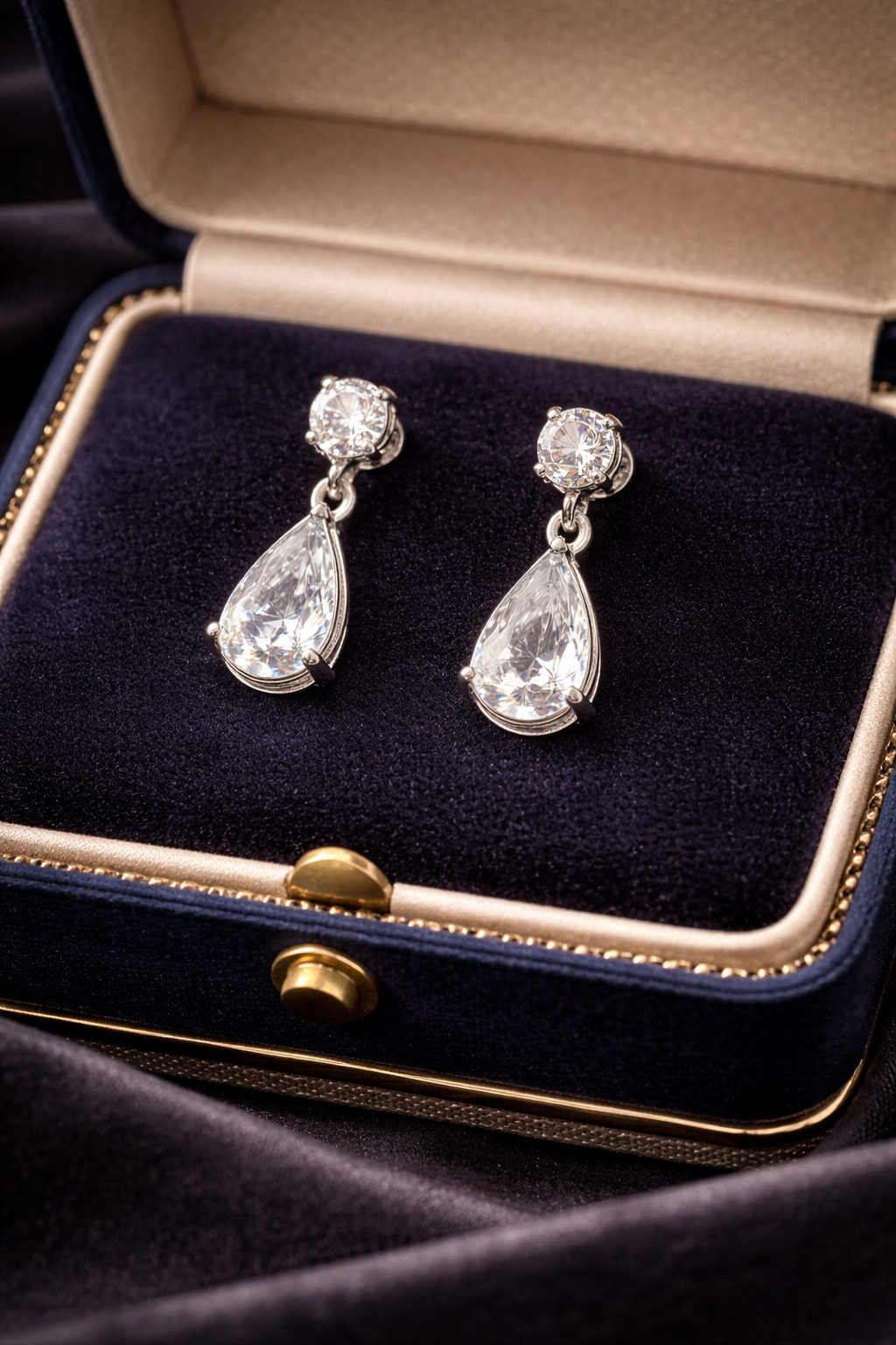 Vintage 925 Sterling Silver Rhodium Plated CZ Teardrop Dangle Earrings Clear Cubic Zirconia Bridal