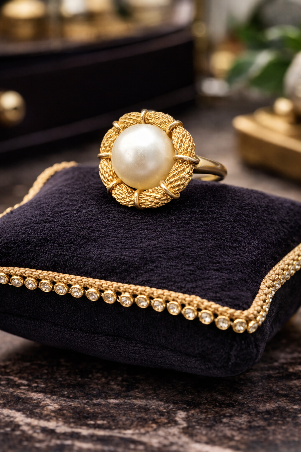 Vintage Coro Faux Pearl Ring Gold Tone Wreath Setting Statement Ring Size [Insert] Classic Designer