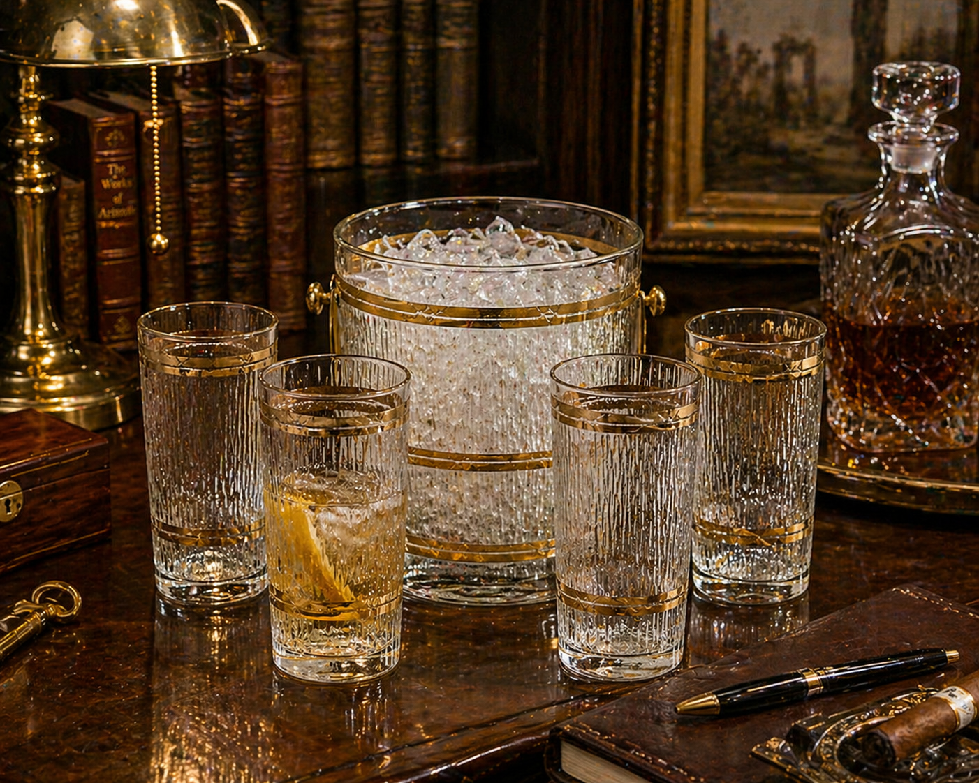 Vintage Culver 22K Gold Cocktail Service Set – 4 Highball Glasses & Ice Bucket – Mid Century Barware Entertaining Set