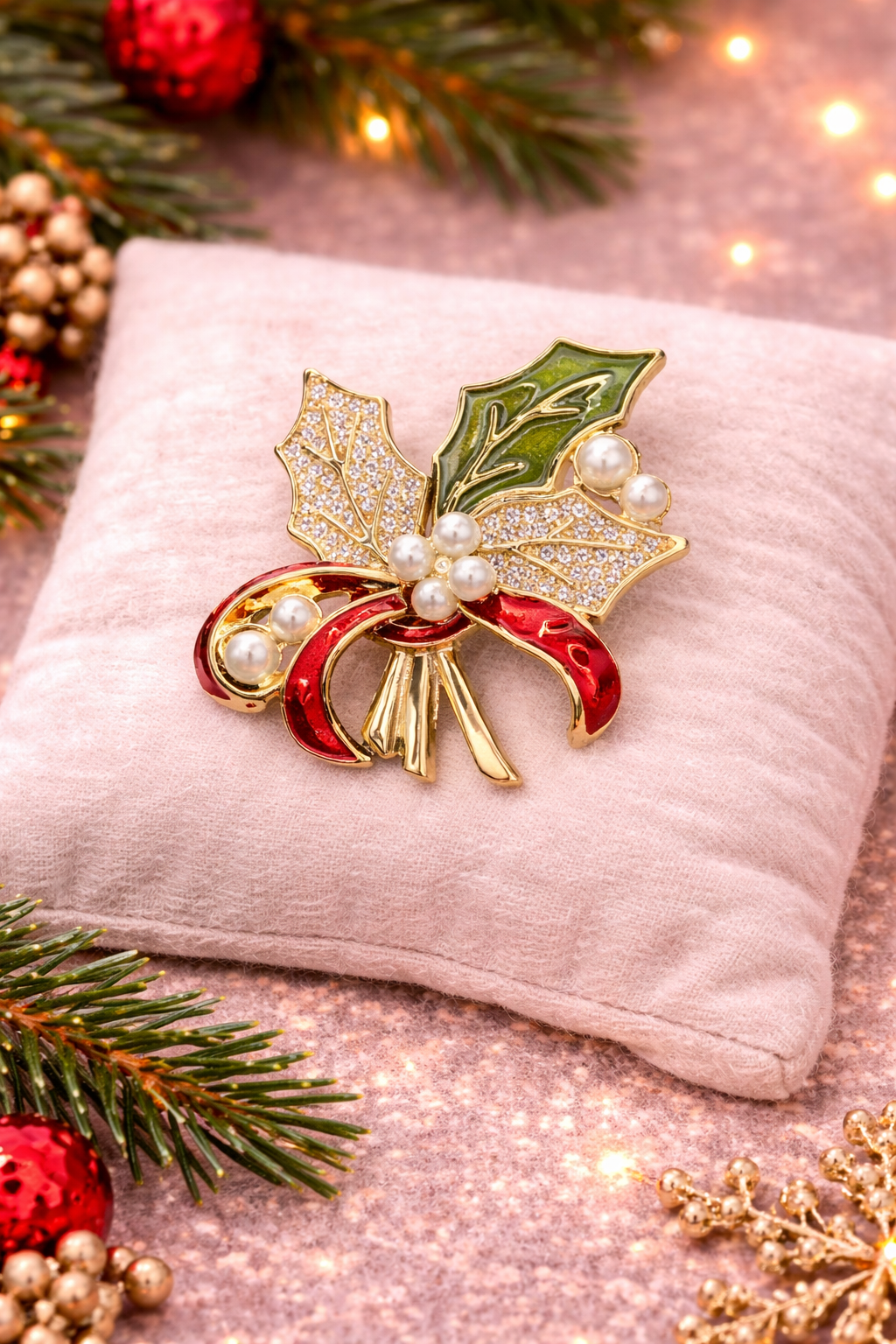 Vintage Holly and Bells Christmas Brooch with Rhinestones and Pearls