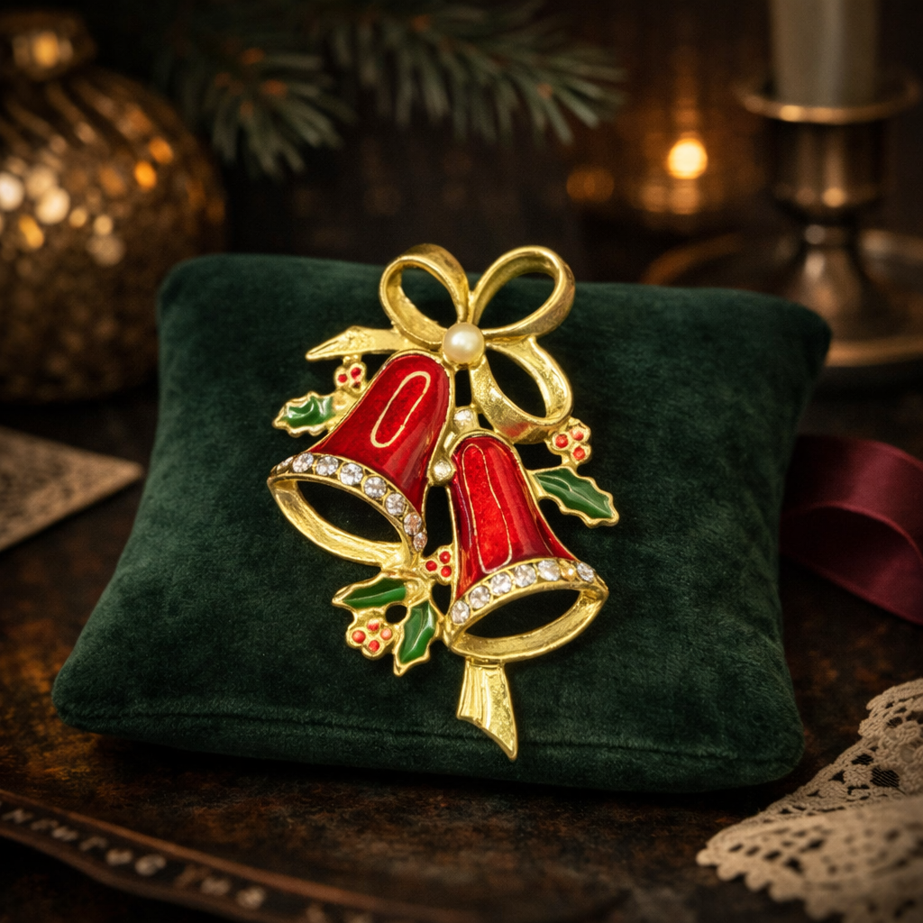 Red Enamel Christmas Bells Brooch with Rhinestones and Holly