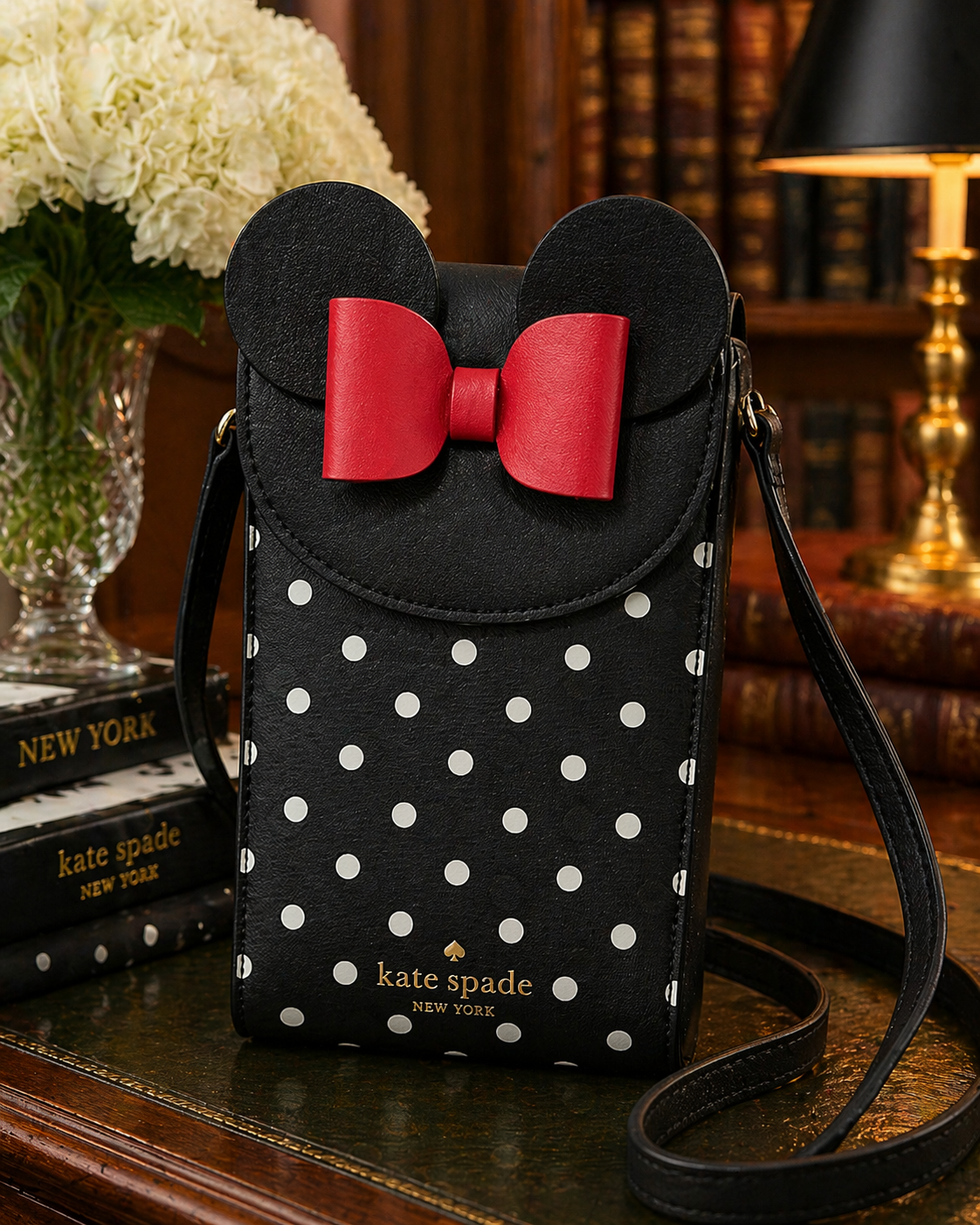 Disney x Kate Spade Minnie Mouse Crossbody Bag Black Polka Dot Red Bow Novelty Leather Purse