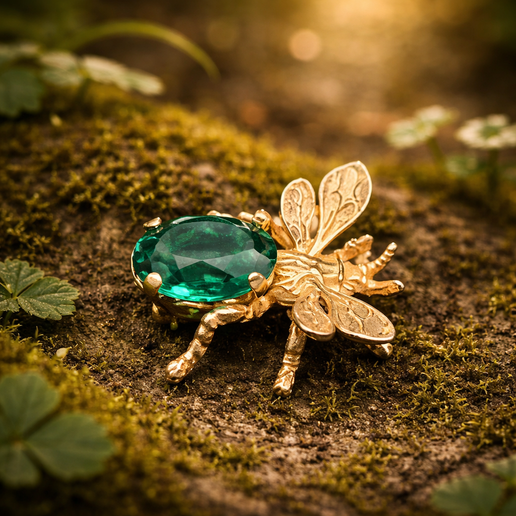 CINI gold tone insect brooch with green crystal bodySigned CINI Sterling Silver Vermeil Bee Brooch with Emerald Green Faceted Stone, Mid Century Designer Insect Pin