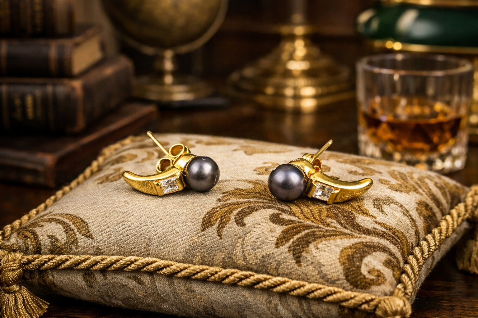 Gold Tone Black Pearl Wing Stud Earrings Pavé Crystal Accent Sculptural Statement Jewelry