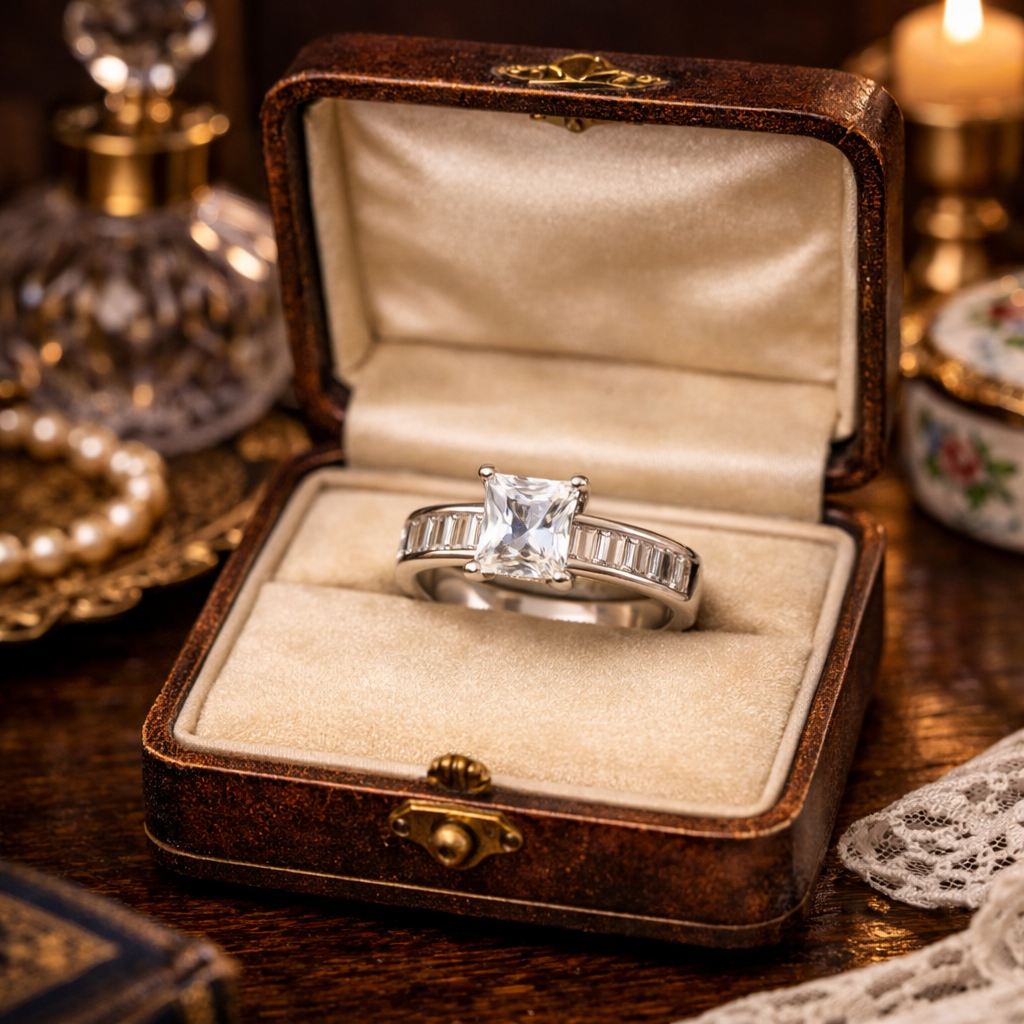 925 Sterling Silver Princess Cut CZ Cocktail Ring with Baguette Accent Stones Size 9.75