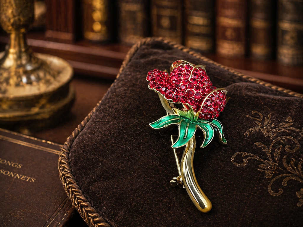 Monet Red Crystal Rose Brooch Gold Tone Flower Pin Enamel Leaves With Original Box