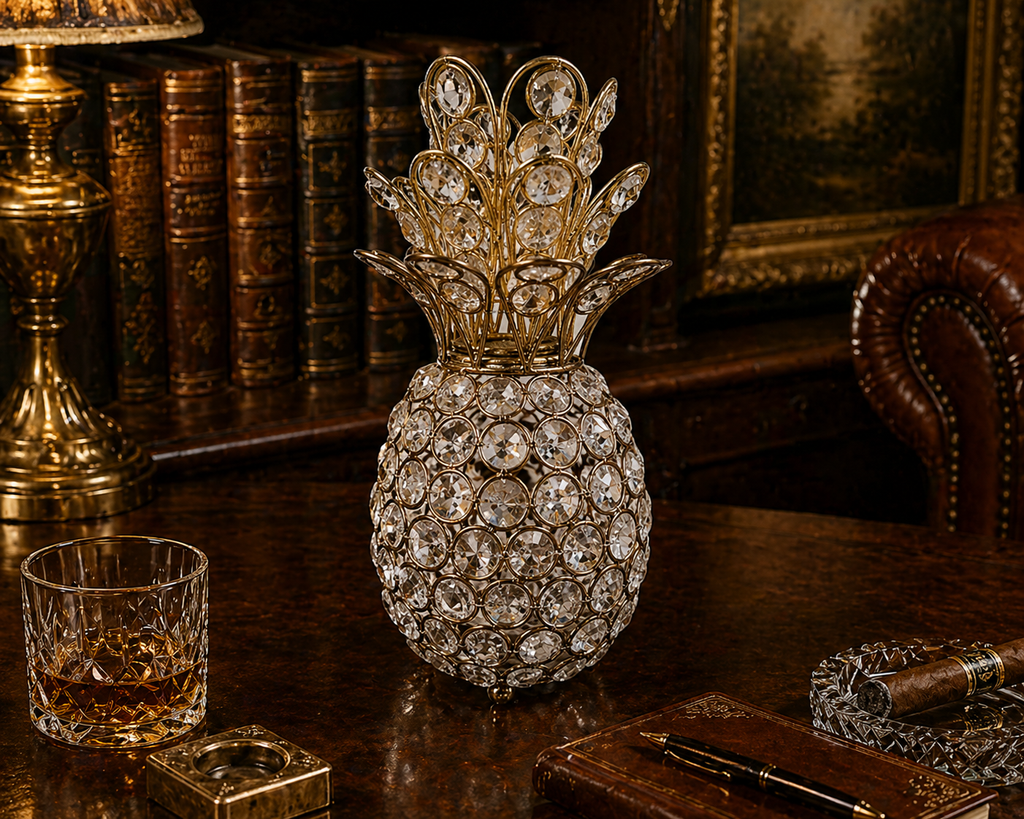 Nanette Lepore Crystal Pineapple Sculpture – Gold Tone Metal & Faceted Crystal Decor – Regency Style Accent