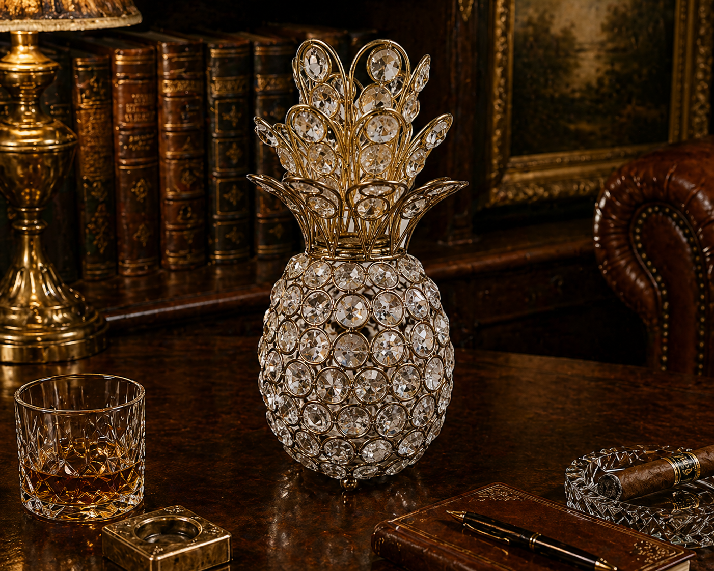 Nanette Lepore Crystal Pineapple Sculpture – Gold Tone Metal & Faceted Crystal Decor – Regency Style Accent