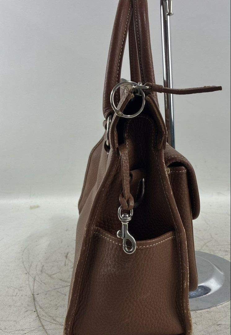 Dooney & Bourke Brown Leather Satchel Bag, Structured Pocket Tote with Shoulder Strap