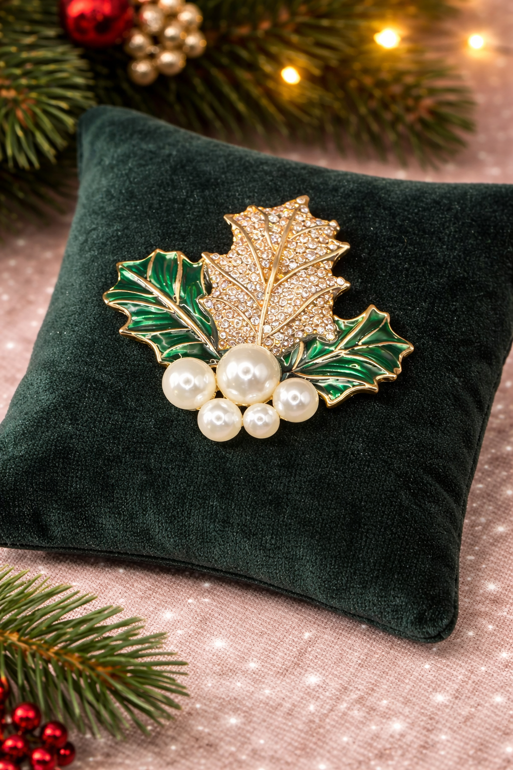 Vintage Holly Leaf Brooch by Givenchy Gold Tone Rhinestone Enamel Pearl Christmas Pin