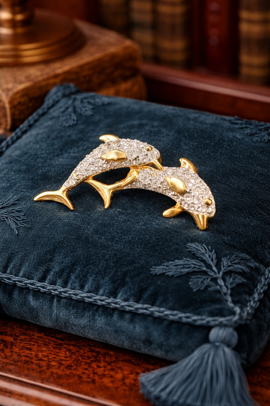 Swarovski Dolphin Brooch Double Figural Gold Tone Clear Crystal Rhinestone Pin Coastal Nautical Statement Jewelry