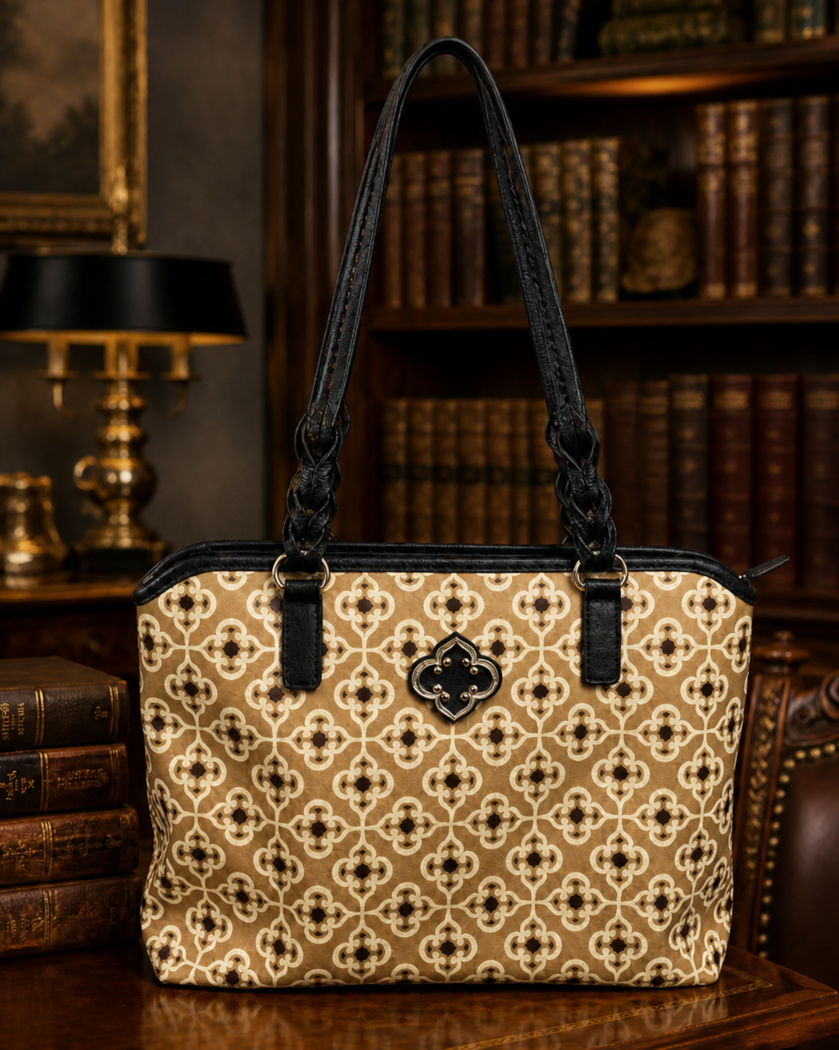 Brighton Brown Patterned Coated Canvas Top Zip Tote Bag with Black Braided Straps