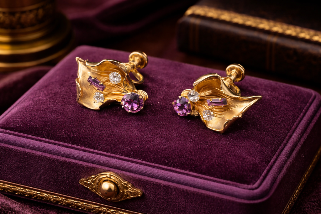 Walter Lampl Orchid Earrings 12K Gold Filled Purple Rhinestone Screw Back Vintage WL Floral
