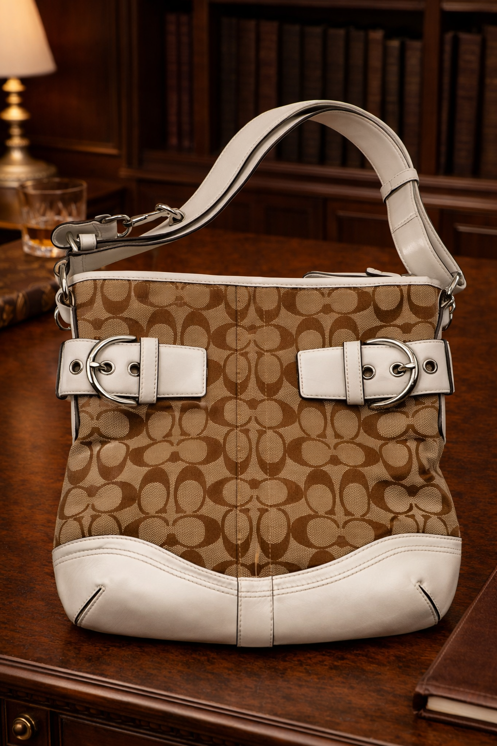 Coach Soho Signature Khaki Canvas White Leather Buckle Flap Crossbody Shoulder Bag